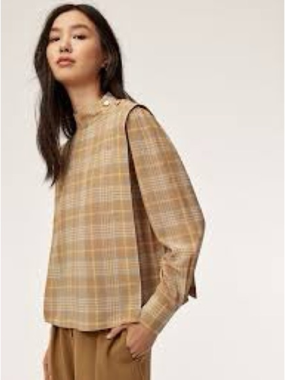 Wilfred Aritzia Henrietta Plaid Mock Neck Blouse Tan Brown XXS